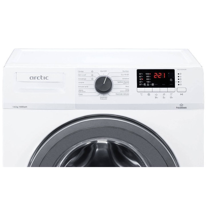 Masina de spalat rufe Slim Arctic APL61025XLW4, 6 kg, 1000 RPM, Clasa E, ExtraSteam, XL Door, Alb