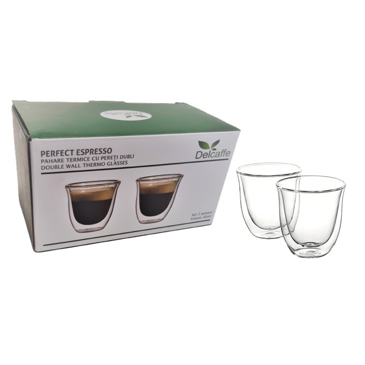 Set 2 pahare sticla termorezistenta cu pereti dubli, ESPRESSO 80, DelCaffe, 80ml