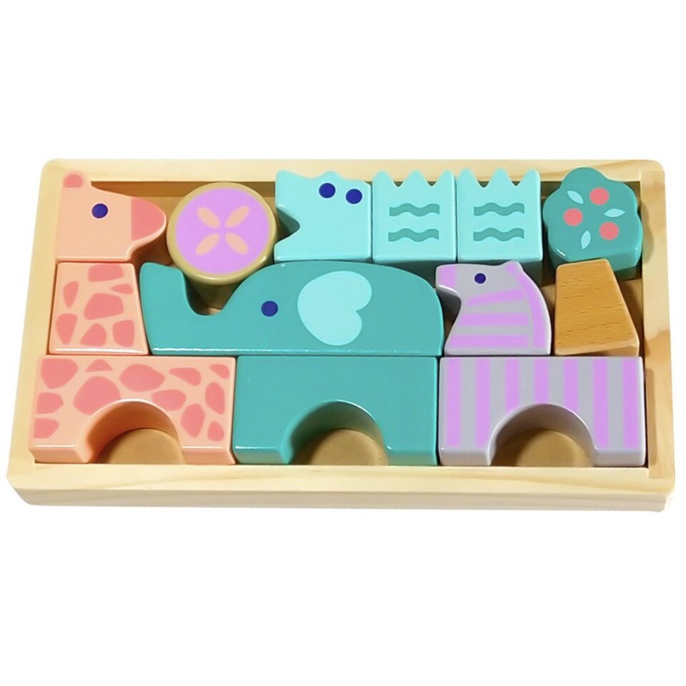 Cuburi de Lemn, Animale Colorate, EcoToys, 13 piese