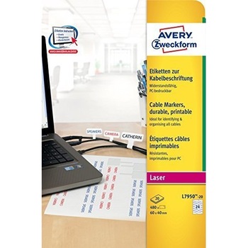 Etichete Avery Zweckform L7950-20, 60 x 40 mm, pentru cabluri, rezistente la intemperii Etichete Avery Zweckform L7950-20, 60 x 40 mm, pentru cabluri, rezistente la intemperii