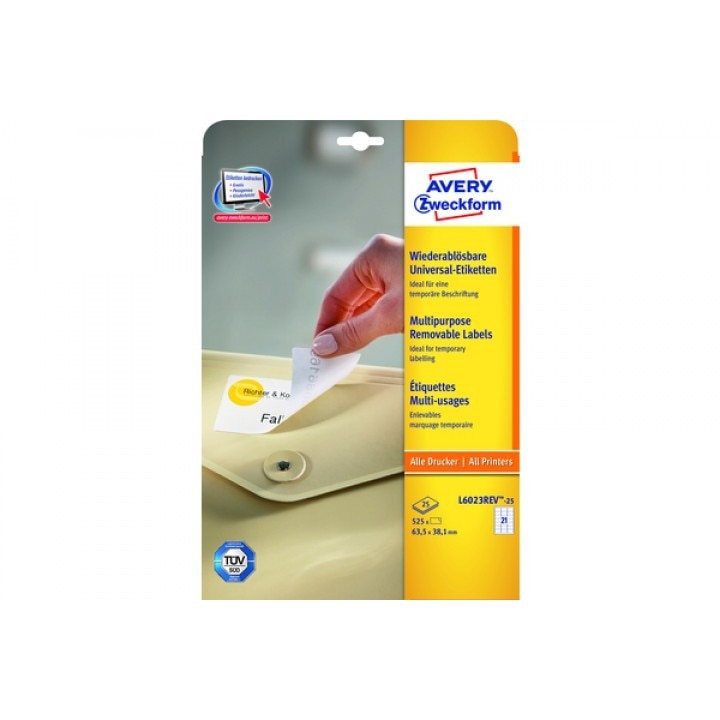Etichete Avery Zweckform L6023REV-25, repozitionabile 21/A4, 63,5x38,1mm, 25 coli/top