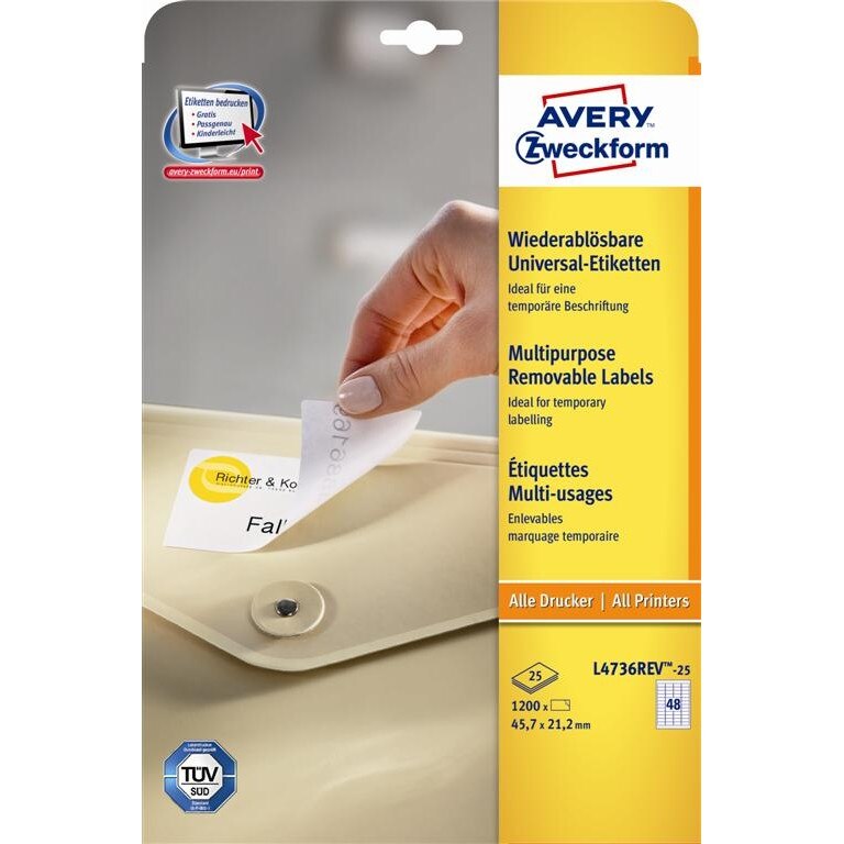 Etichete Avery Zweckform L4736REV-25, repozitionabile 48/A4, 45,7x21,2mm, 25 coli/top