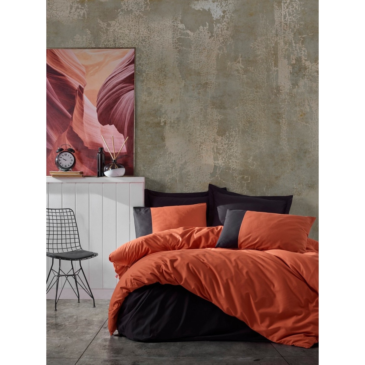 Lenjerie pat 1 persoana bumbac 100% ranforce, 3 piese, Cotton Box, Plain Caramiziu/Negru