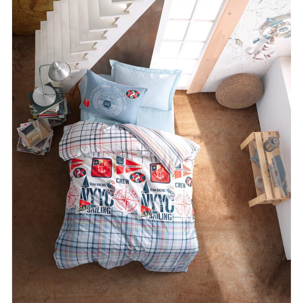 Lenjerie pat 1 persoana bumbac 100% ranforce, 3 piese, Cotton Box, Cruise Blue