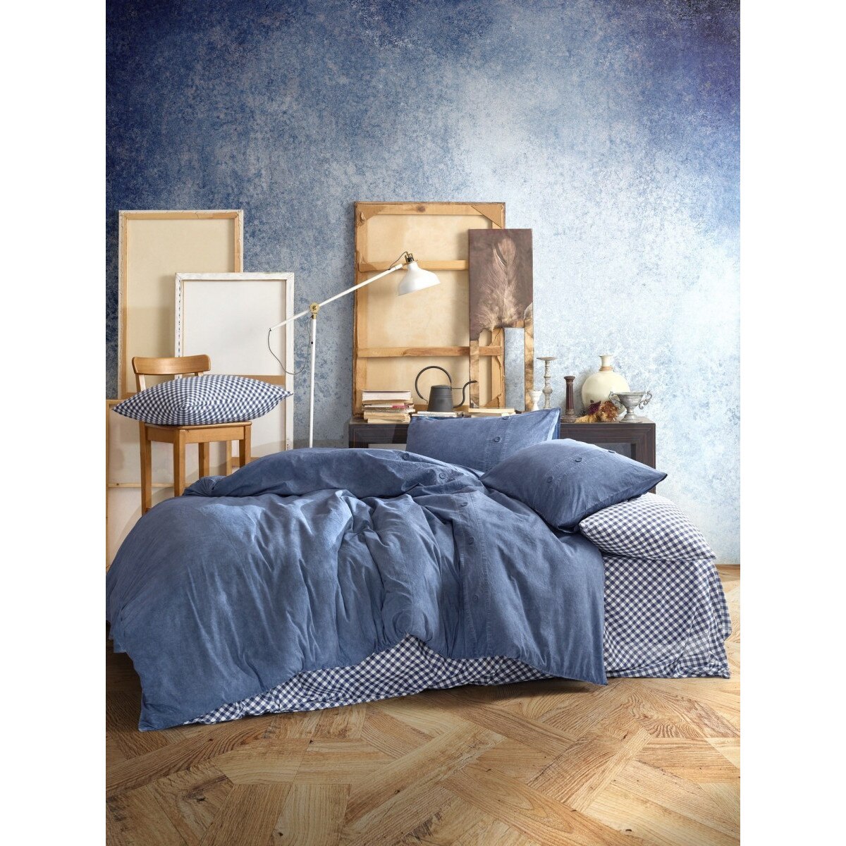 Lenjerie pat 1 persoana bumbac 100% ranforce, 4 piese, Cotton Box, Denim Dark Blue