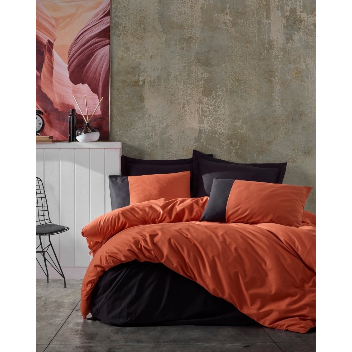 Lenjerie pat dublu bumbac 100% ranforce, 4 piese, Cotton Box, Plain Caramiziu/Negru