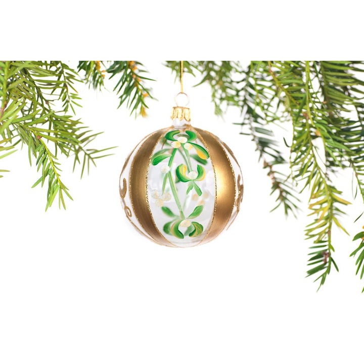 Kézzel festett üveggömb, arany díszités és fehér bimbókkal, 8 cm