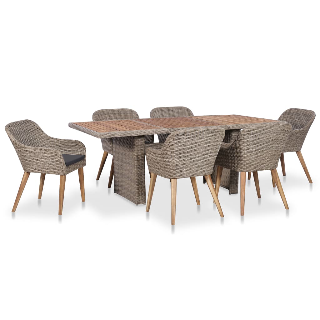 Set mobila de gradina cu perne din 7 piese, vidaXL, Poliratan, 200 x 100 x 74 cm, Maro/Gri