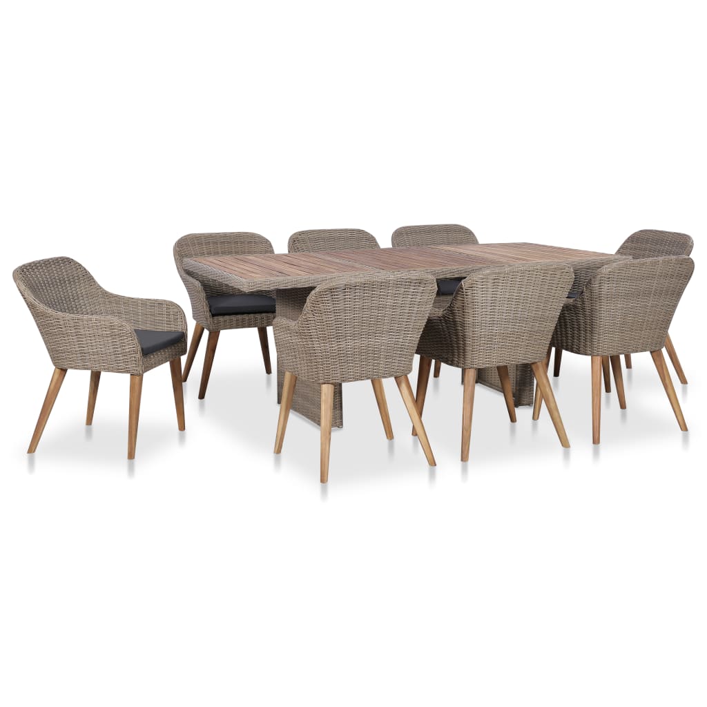Set mobila de gradina cu perne din 9 piese, vidaXL, Poliratan, 200 x 100 x 74 cm, Maro/Gri