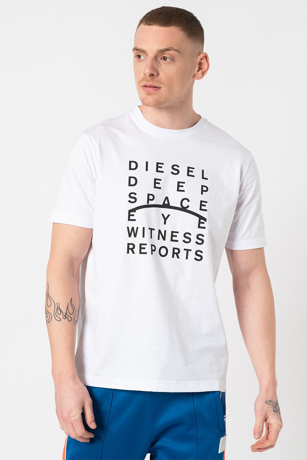 Diesel, Tricou cu imprimeu text si logo, Alb optic/Negru