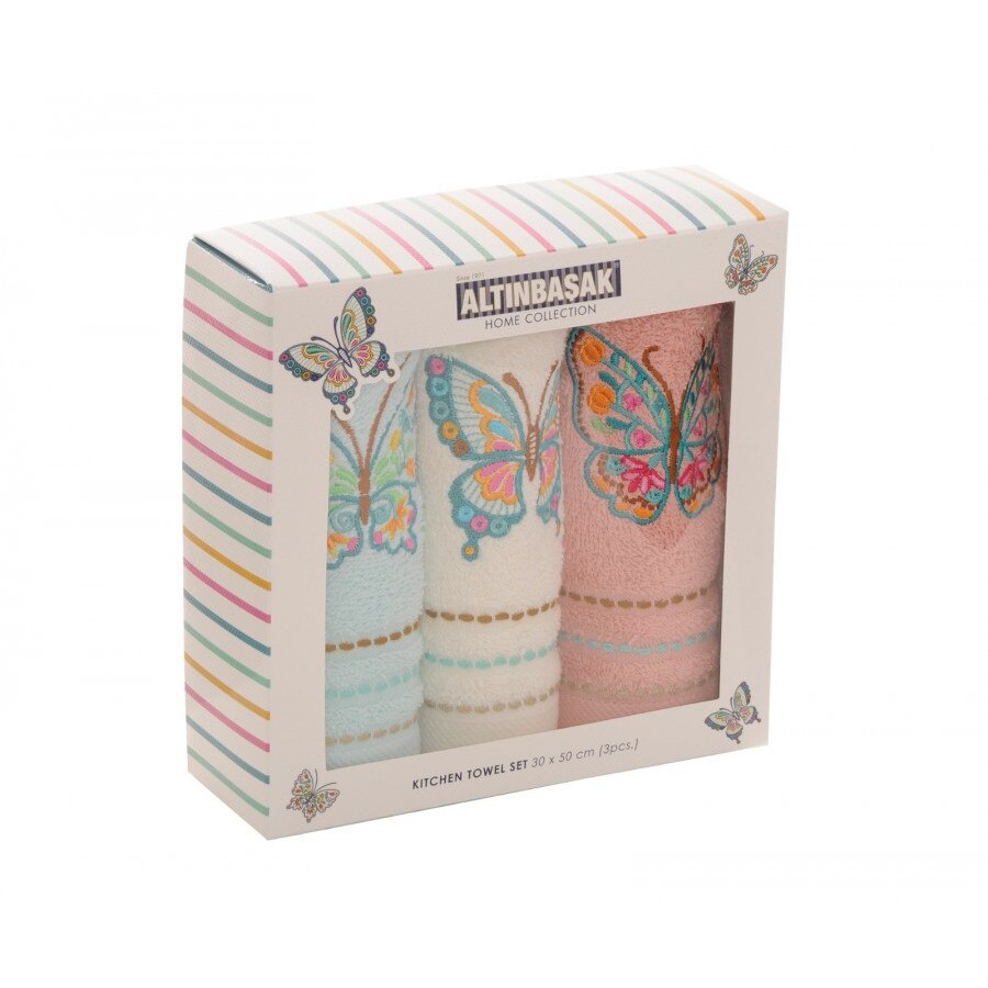 Set 3 prosoape bucatarie bumbac 100%, dimensiune 30x50cm, Fluturi colorati