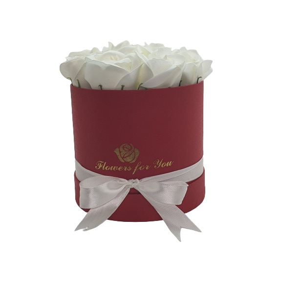 Aranjament floral 9 Trandafiri albi parfumati, din spuma de sapun, in cutie rosie