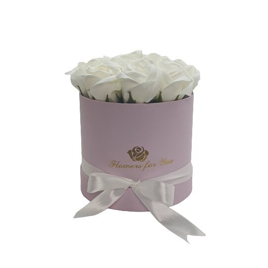 Aranjament floral 9 Trandafiri albi parfumati, din spuma de sapun, in cutie roz