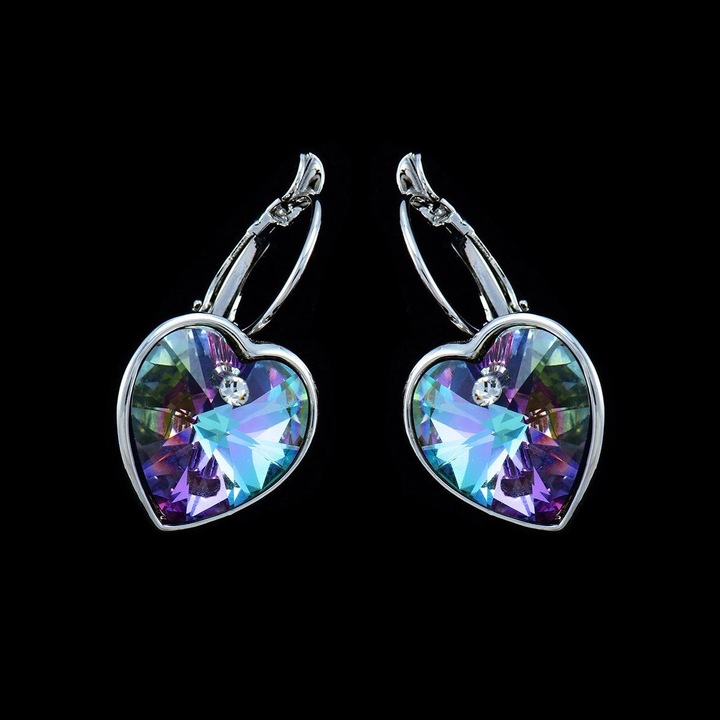 Ródiummal bevont akasztós szív fülbevaló nőknek, színjátszó lila Swarovski kristályokkal