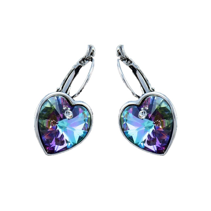 Ródiummal bevont akasztós szív fülbevaló nőknek, színjátszó lila Swarovski kristályokkal