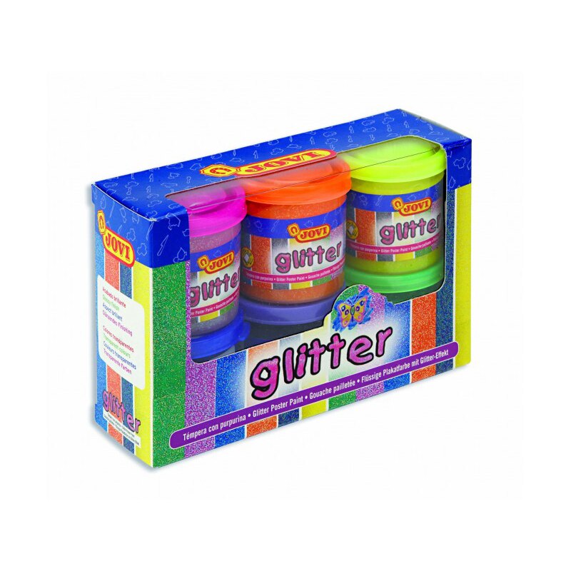Set Tempera lichida JOVI Glitter 518, 6 culori x 55 ml + pensula