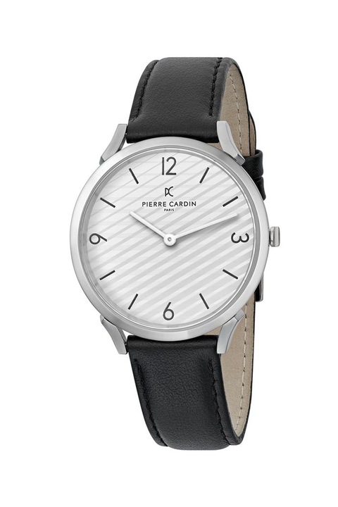 Pierre Cardin, Унисекс часовник от инокс с кожена каишка, Черен / Сребрист