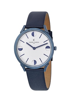 Pierre Cardin, Ceas quartz unisex cu o curea de piele, Bleumarin/Alb Pierre Cardin, Ceas quartz unisex cu o curea de piele, Bleumarin/Alb