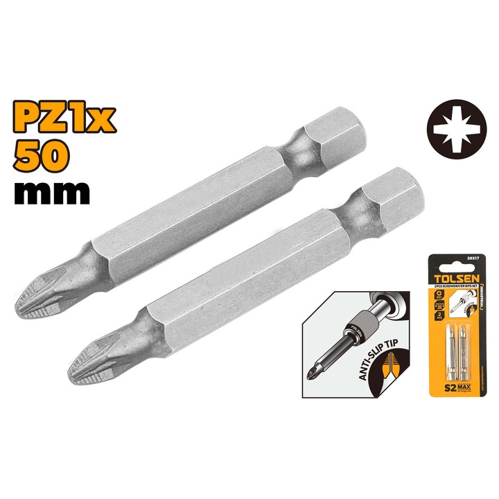 Set varfuri surubelnita TOLSEN 2 buc, PZ1x50 mm, otel S2 industrial, finisaj satinat, insurubare precisa si rezistenta crescuta