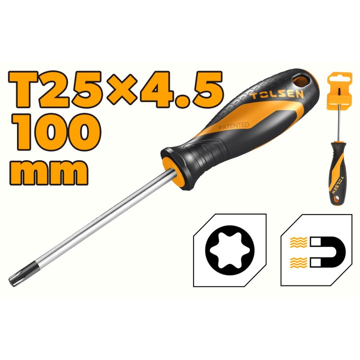 Surubelnita Cr-V T25 x 4.5 x 100 mm, Varf Magnetic, Maner GRIPro TOLSEN din 2 Componente, Prindere Antialunecare