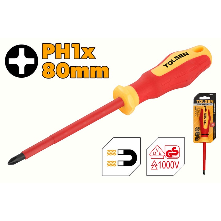 Отвертка VDE Cr-V PH1x80 mm, Industrial, Tolsen