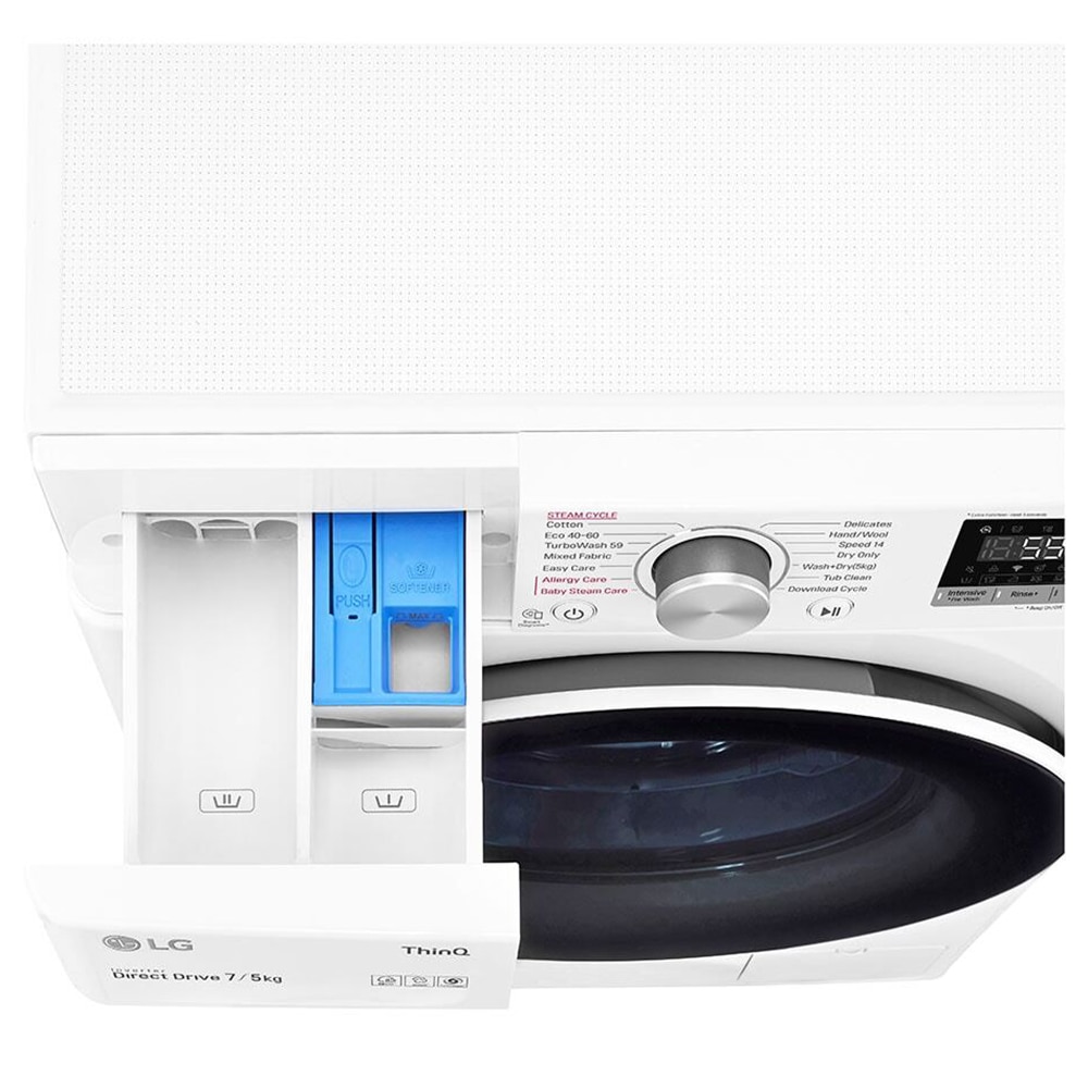 Masina de spalat cu uscator cu incarcare frontala, LG F2DV5S7S1E De sine statator, 7 kg de spalare, 5 kg de uscare, Clasa energetica E, 1200 rpm, TurboWash360°, AI DD, Wifi, Alb