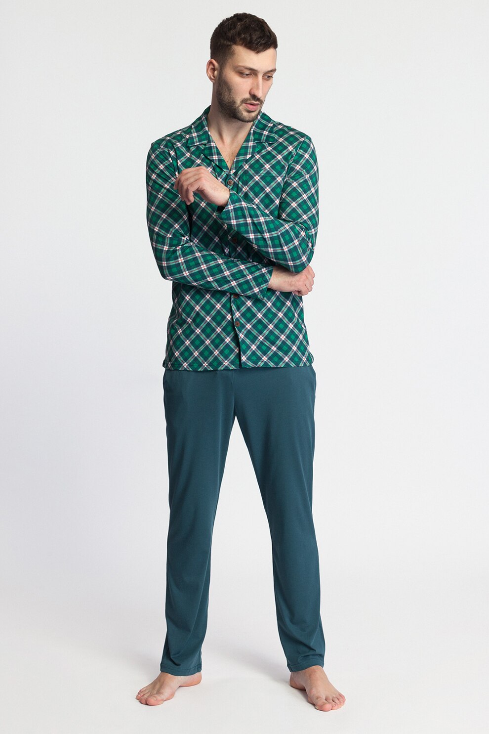 Sofiaman, Pijama din amestec de modal si bumbac cu camasa cu model in carouri TARTAN, Verde, 3XL