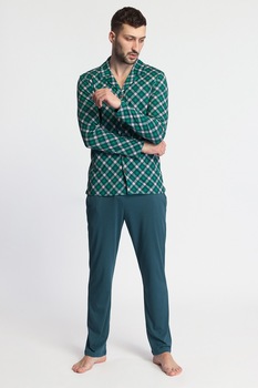 Sofiaman, Pijama din amestec de modal si bumbac cu camasa cu model in carouri TARTAN, Verde, 3XL Sofiaman, Pijama din amestec de modal si bumbac cu camasa cu model in carouri TARTAN, Verde, 3XL