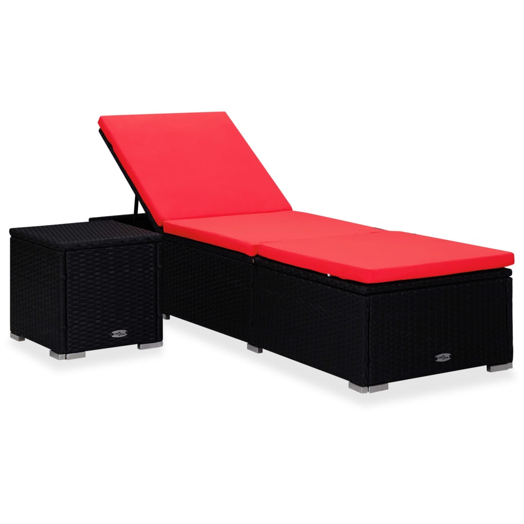 Set sezlong de gradina cu masa si saltea, vidaXL, Poliratan, 195 x 60 x 31 cm, Negru/Rosu