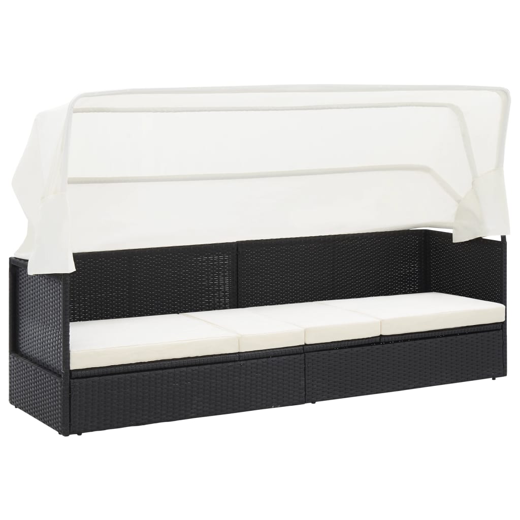 Sezlong de gradina cu acoperis pliabil, vidaXL, Poliratan, 205 x 62 x 70 cm, Negru