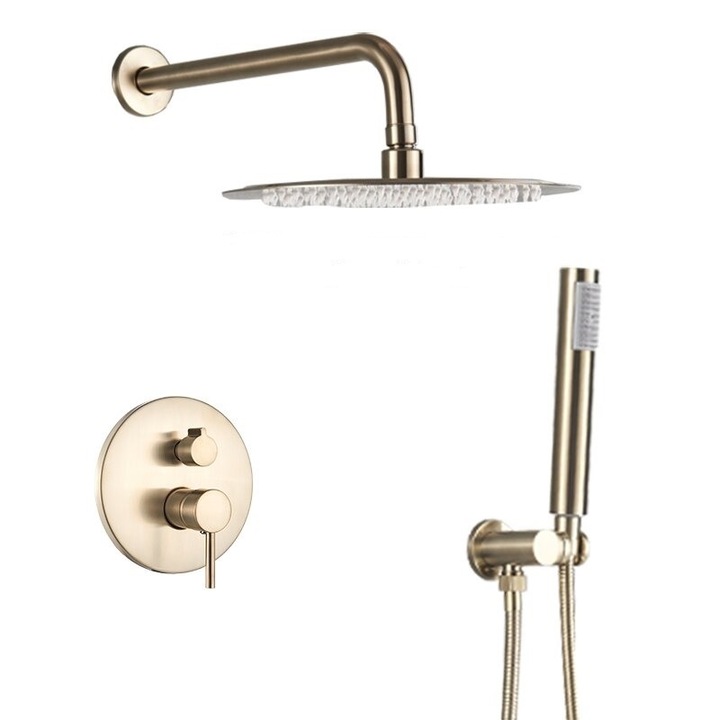 Set de dus auriu tip ploaie cu montare pe perete cu palarie de dus rotunda 25 cm