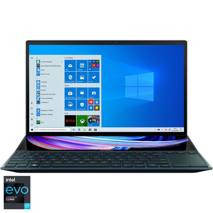 Laptop ultraportabil ASUS ZenBook Duo 14 UX482EA cu procesor Intel® Core™ i7-1165G7, 14", Full HD, 16GB, 1TB SSD, Intel Iris Xᵉ Graphics, Windows 10 Pro, Celestial Blue