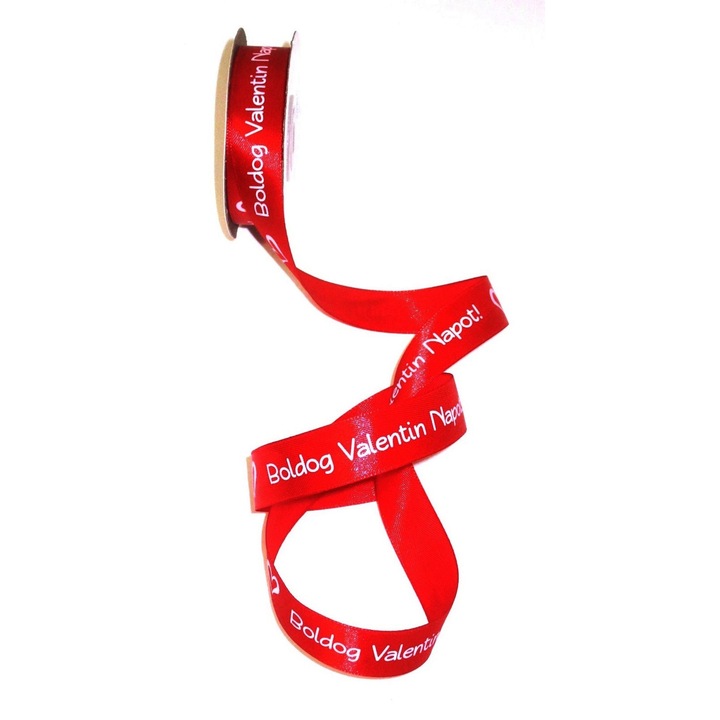 "Boldog Valentin napot" feliratos szatén szalag, 20 mm x 20 méter, piros