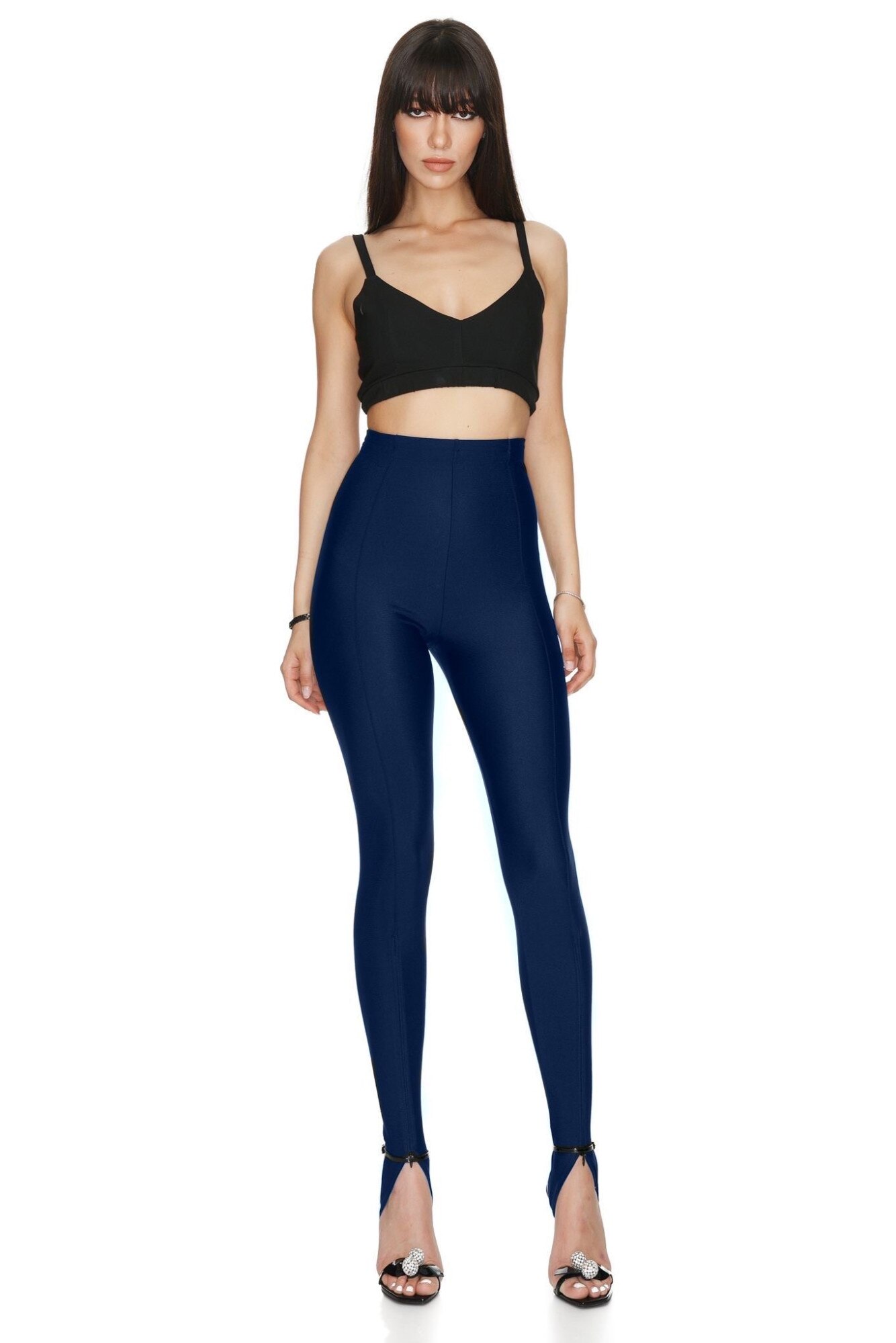 Pantaloni scurti cu talie inalta, din piele ecologica, CuAnna, camel, S, Albastru Navy