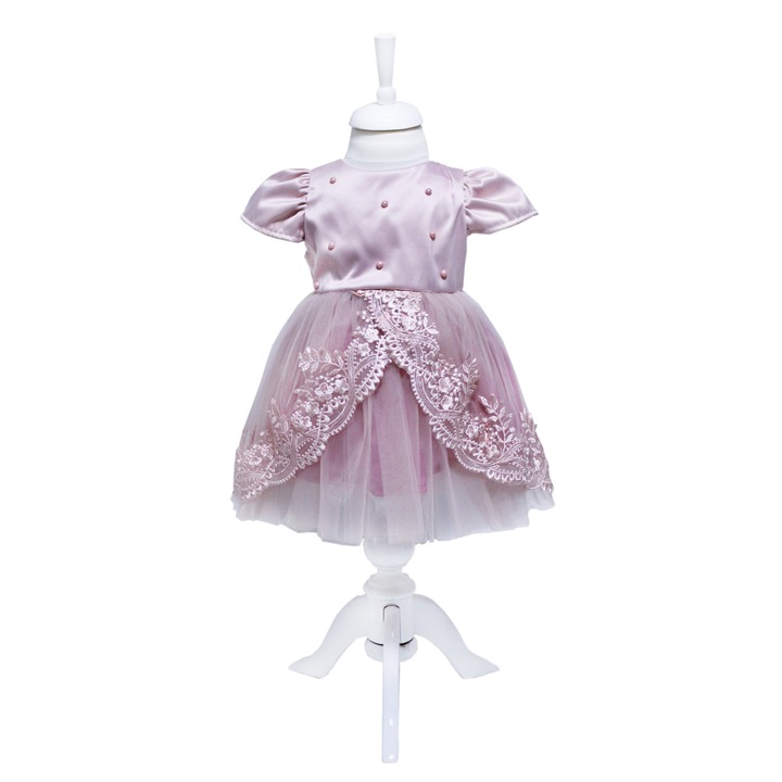 Rochie roz pudrat cu pliuri din tulle si broderie si aplicatii din perle pentru botez, 3 piese, rochie, bolero, bentita, REC340, 1-4 luni