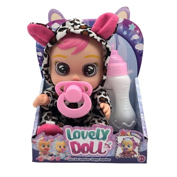 Papusa bebelus plangacios, Lovely Doll, cu biberon si suzeta, cu hainuta tigrata, pentru copii, 20 cm, + 3 ani Papusa bebelus plangacios, Lovely Doll, cu biberon si suzeta, cu hainuta tigrata, pentru copii, 20 cm, + 3 ani
