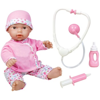 Papusa bebelus doctor cu stetoscop, injectie si biberon, roz, pentru fete, ATS Papusa bebelus doctor cu stetoscop, injectie si biberon, roz, pentru fete, ATS