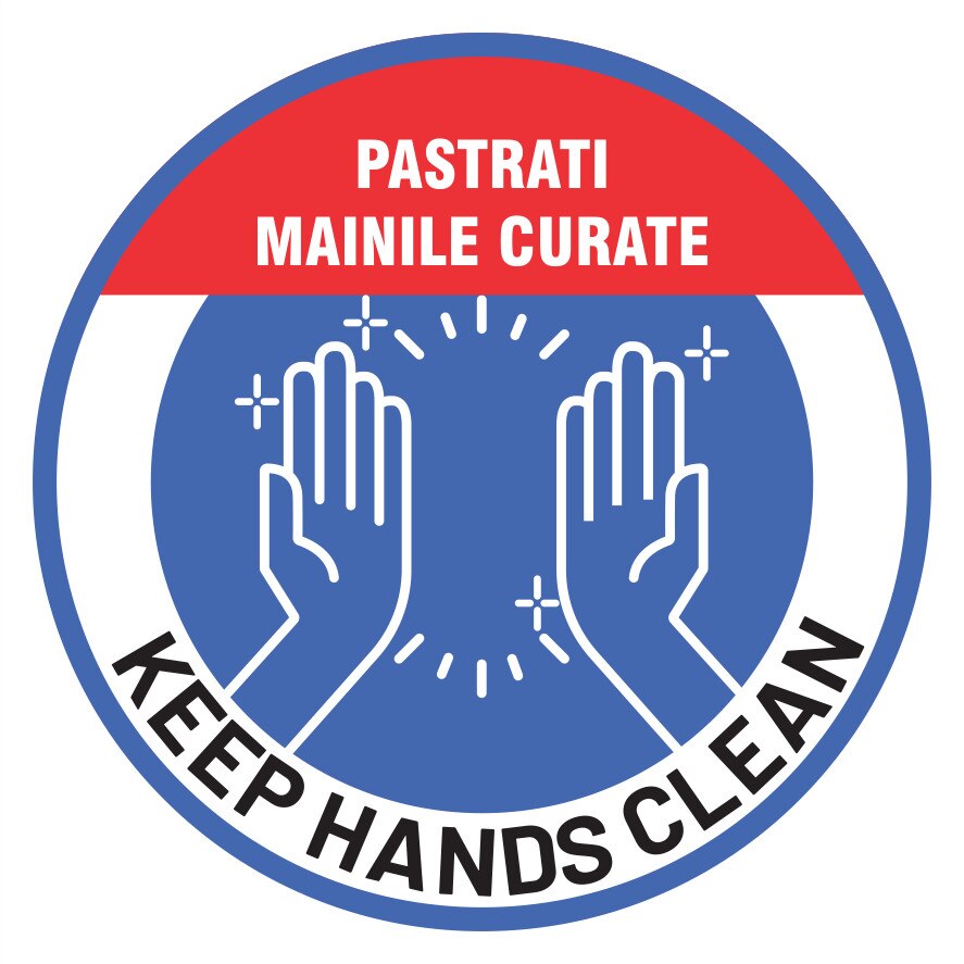 Indicator preventie Covid 19, Pastrati mainile curate Keep hands clean, autocolant, diametru 19 cm