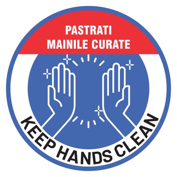 Indicator preventie Covid 19, Pastrati mainile curate Keep hands clean, autocolant, diametru 19 cm Indicator preventie Covid 19, Pastrati mainile curate Keep hands clean, autocolant, diametru 19 cm