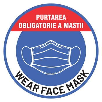 Indicator preventie Covid 19, Purtarea obligatorie a mastii Wear face mask, autocolant, diam 19 cm Indicator preventie Covid 19, Purtarea obligatorie a mastii Wear face mask, autocolant, diam 19 cm