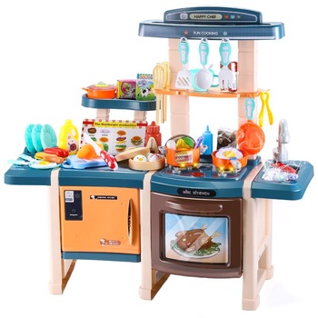 Bucatarie din plastic dubla multifunctionala, complet echipata, lumini si sunete, 42 de piese, Isp, 65x78x28 cm Bucatarie din plastic dubla multifunctionala, complet echipata, lumini si sunete, 42 de piese, Isp, 65x78x28 cm
