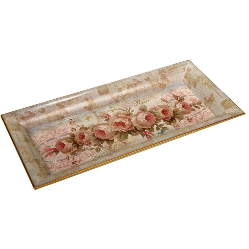 Platou decorativ, Zola, dreptunghiular, model floral, 41x18x4 cm