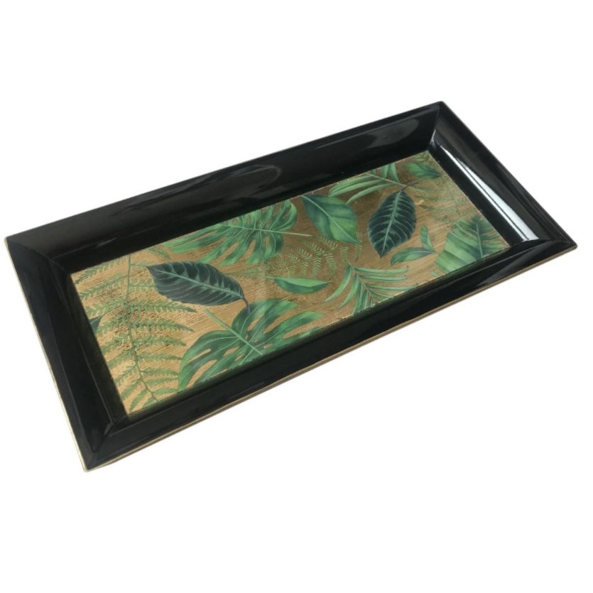 Platou decorativ, Zola, dreptunghiular, negru cu model frunze, 36x17x2.5 cm