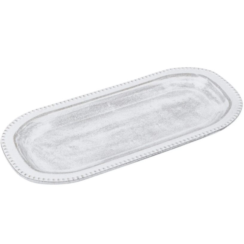 Platou decorativ, Zola, din lemn, oval, alb 35x15 cm