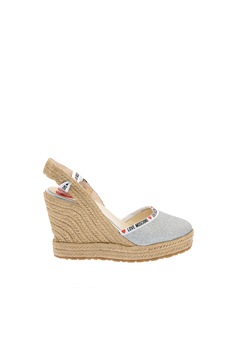 Love Moschino, Sandale tip espadrile wedge cu aspect stralucitor, Argintiu/Maro camel, 36 Love Moschino, Sandale tip espadrile wedge cu aspect stralucitor, Argintiu/Maro camel, 36