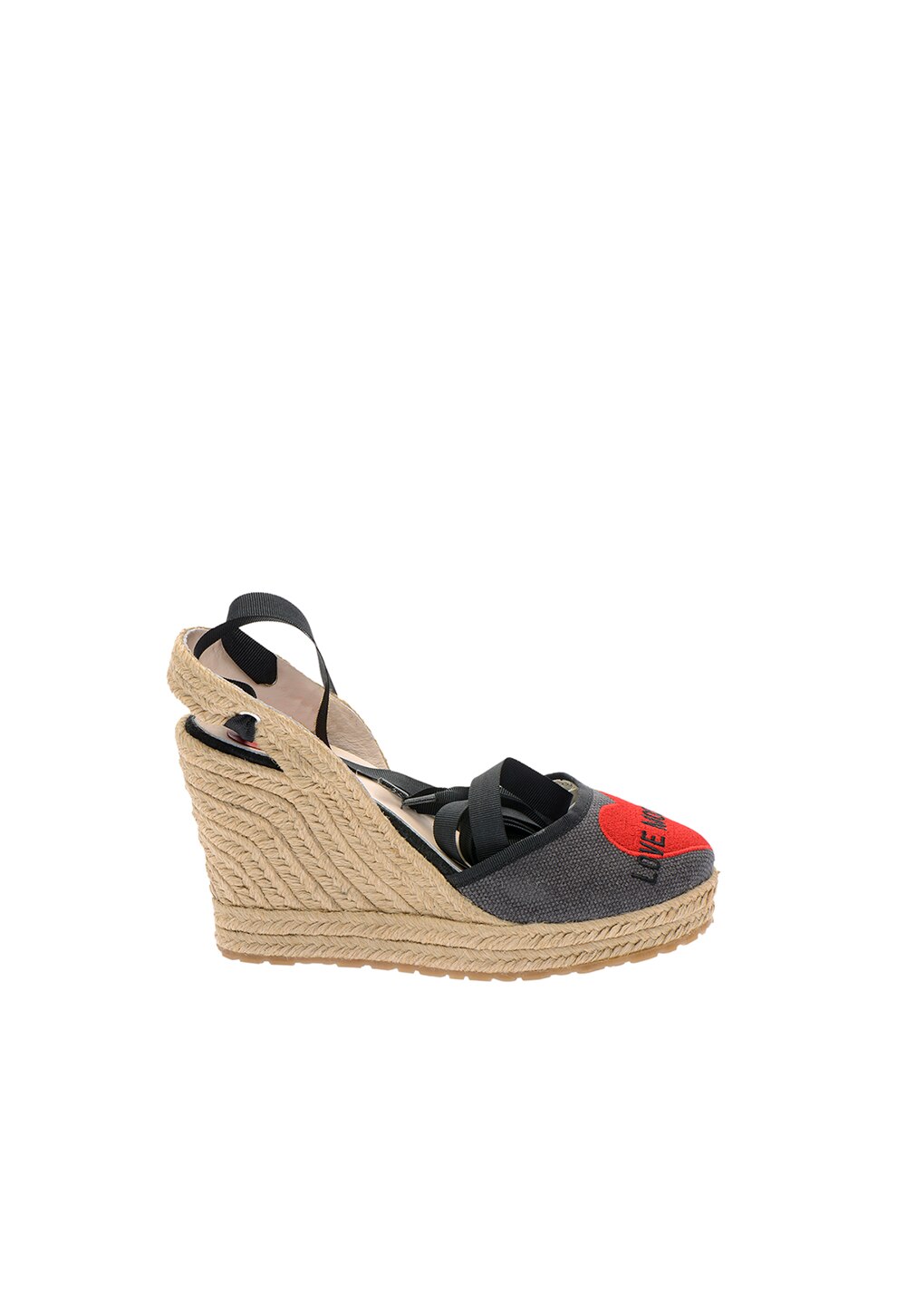 Love Moschino, Sandale tip espadrile wedge cu broderie logo, Negru stins/Rosu/Maro camel, 39