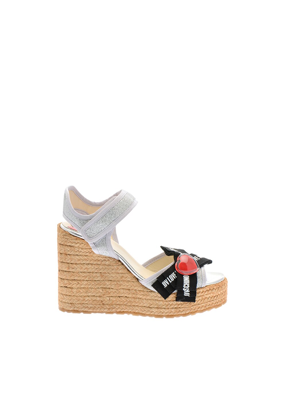Love Moschino, Sandale tip espadrile wedge cu aspect stralucitor, Argintiu/Negru, 39