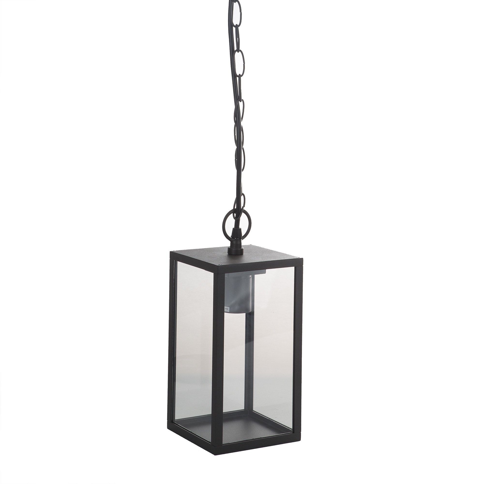 Lampa suspendata de exterior, de culoare neagra, dimensiune 12x12x12 cm, lant 88 cm