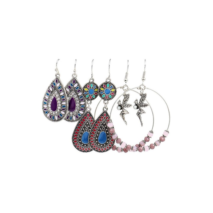 Set De 3 perechi de cercei boho, pictati, cercuri cu margelute si zana, Multicolor