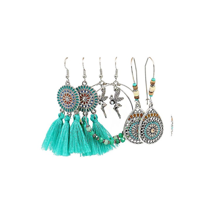 Set De 3 perechi de cercei boho, pictati, cercuri cu margelute si canafi, Multicolor